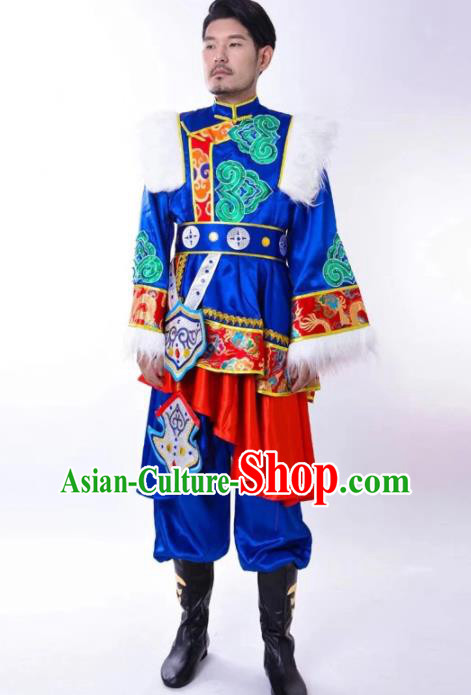 Chinese Traditional Zang Nationality Performance Royalblue Outfits Tibetan Minority Male Festival Garment Costumes Xizang Ethnic Folk Dance Clothing