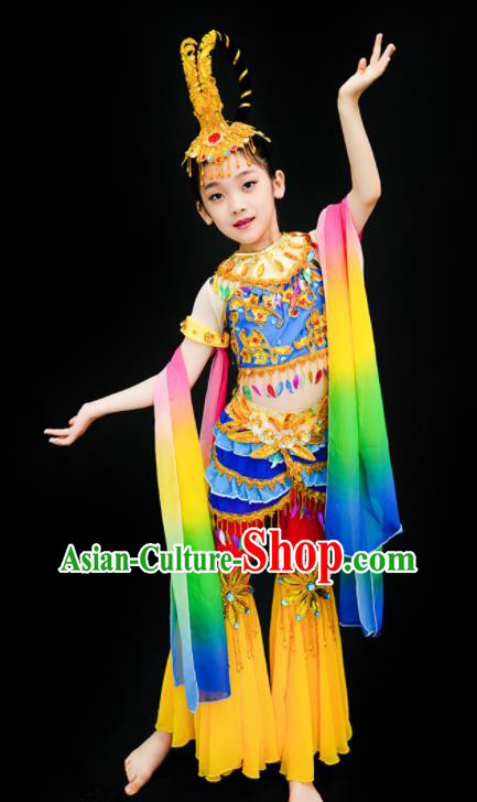 China Children Flying Apsaras Dance Yellow Outfits Girl Performance Clothing Classical Dance Garment Costumes Fairy Dance Dress