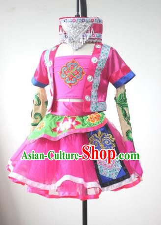 Chinese Tujia Minority Children Dance Clothing Xiangxi Ethnic Girl Dance Costumes Yi Nationality Stage Performance Rosy Dress Outfits