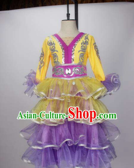 Chinese Xinjiang Ethnic Girl Dance Costumes Kazak Nationality Stage Performance Dress Outfits Kazakh Minority Children Dance Clothing