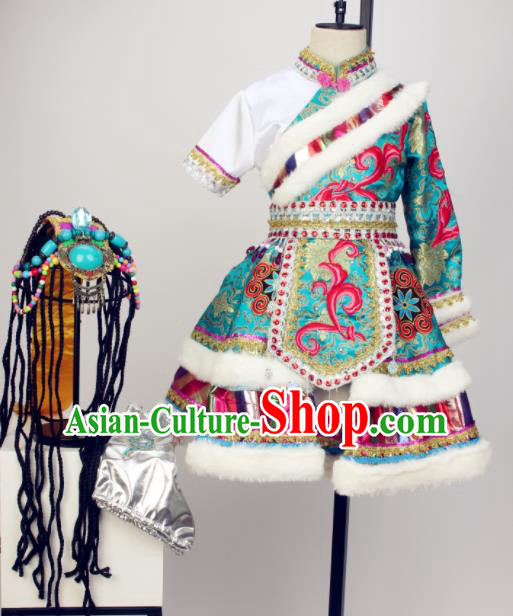 Chinese Zang Nationality Stage Performance Dress Outfits Tibetan Minority Children Dance Clothing Ethnic Girl Dance Costumes