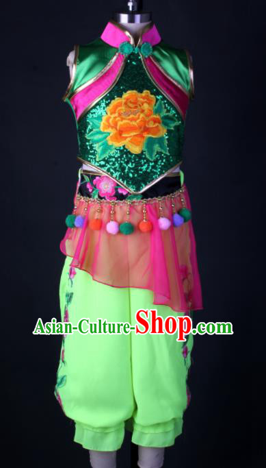 China Folk Dance Garment Costumes Fan Dance Dress Children Yangko Dance Green Outfits Girl Performance Clothing