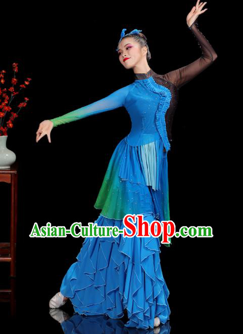 Professional China Women Group Dance Costumes Yangko Dance Garments Umbrella Dance Clothing Folk Dance Blue Outfits