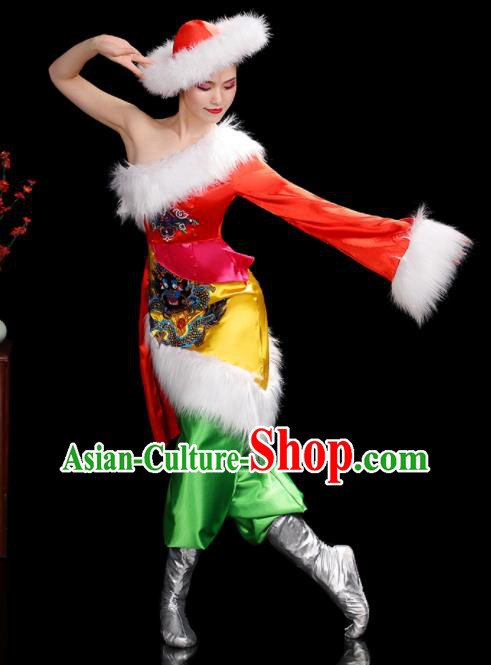 Chinese Zang Nationality Stage Performance One Shoulder Outfits Tibetan Minority Woman Dance Clothing Ethnic Folk Dance Costumes