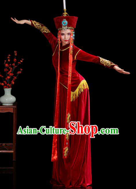 Chinese Ethnic Folk Dance Costumes Mongolian Nationality Stage Performance Red Velvet Dress Outfits Mongol Minority Woman Dance Clothing