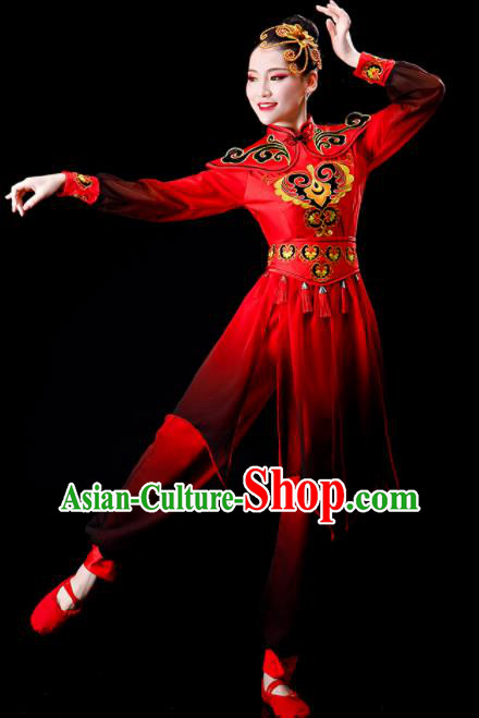 Chinese Folk Dance Costumes Traditional Drum Dance Apparels Women Group Performance Clothing Yangko Dance Red Outfits