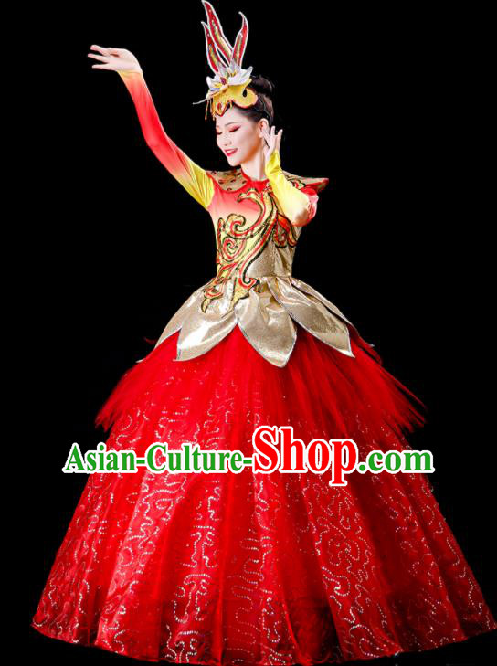 Professional China Stage Performance Costume Women Group Dance Garments Modern Dance Clothing Spring Festival Gala Opening Dance Red Dress