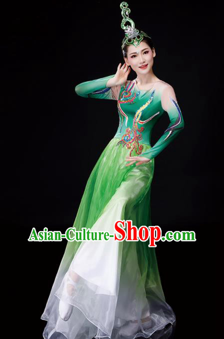 China Woman Group Dancewear Classical Dance Clothing Umbrella Dance Garment Costumes Fan Dance Green Dress