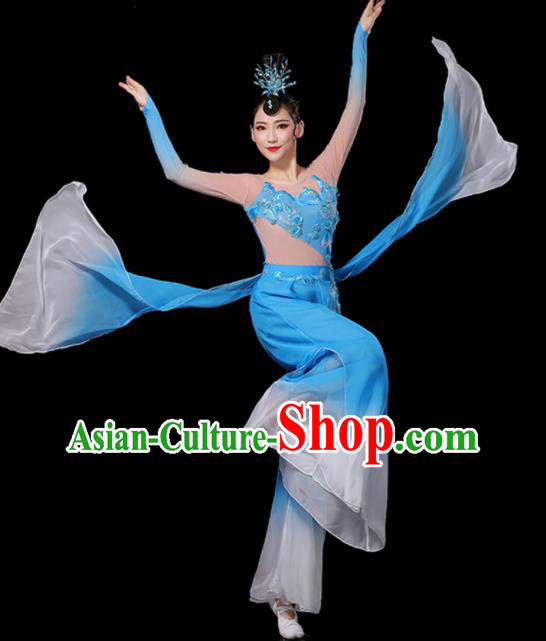 Chinese New Year Drum Dance Costumes Yangko Performance Apparels Folk Dance Clothing Traditional Fan Dance Blue Outfits