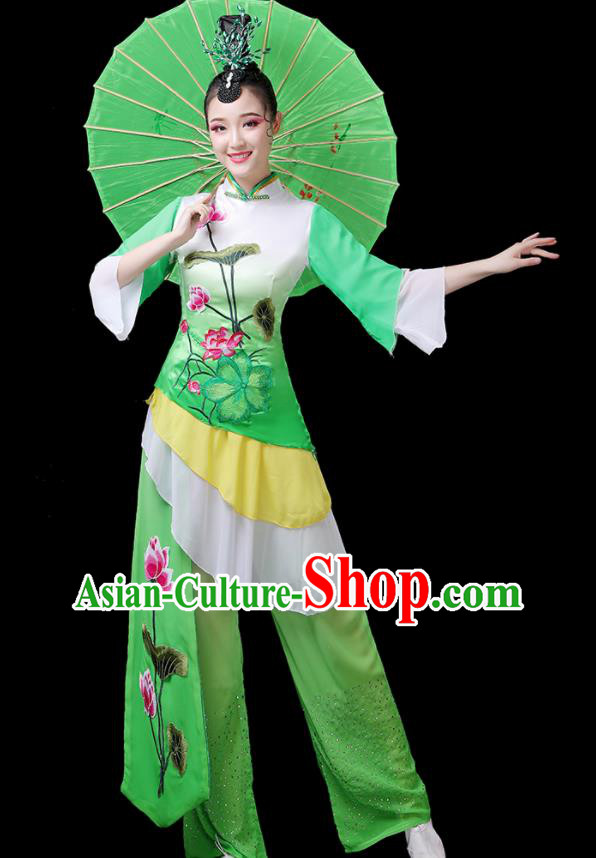 Chinese Yangko Dance Green Outfits Folk Dance Costumes Traditional Lotus Dance Apparels Women Group Performance Clothing