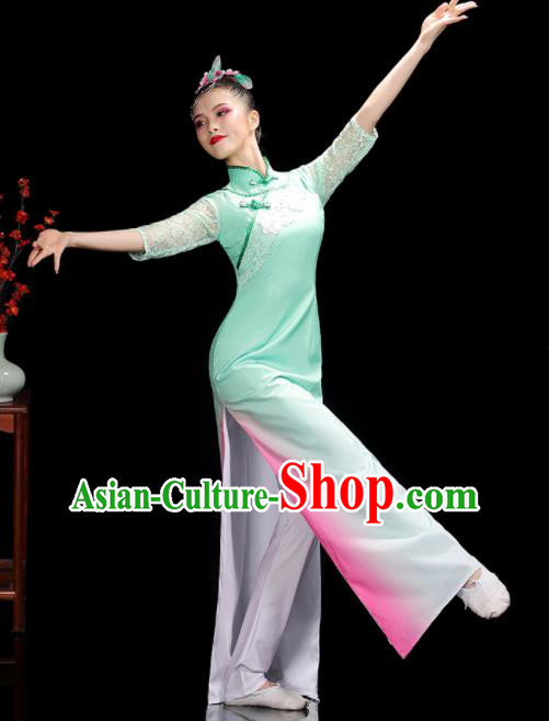China Jasmine Flower Dance Outfits Woman Performance Clothing Classical Dance Garment Costumes Umbrella Dance Green Qipao Dress