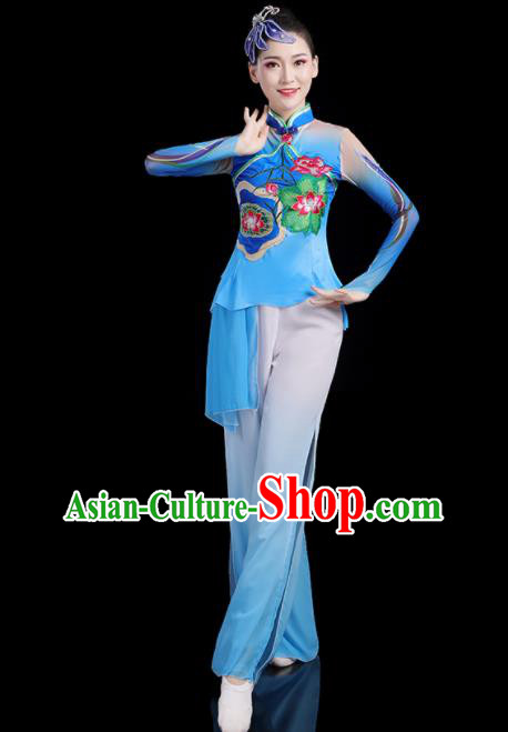Chinese Traditional Fan Dance Blue Outfits Female Lotus Dance Costumes Yangko Performance Apparels Folk Dance Clothing