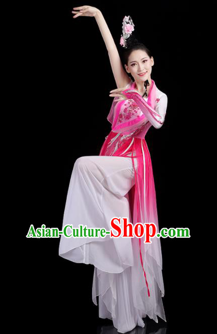 China Woman Dancewear Classical Dance Clothing Umbrella Dance Garment Costumes Fan Dance Rosy Dress Jasmine Flower Performance Outfits