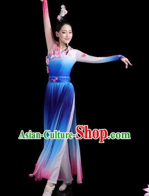 China Jasmine Flower Performance Outfits Woman Dancewear Classical Dance Clothing Umbrella Dance Garment Costumes Fan Dance Blue Dress