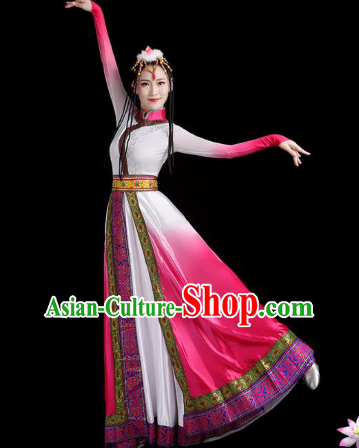Chinese Xizang Ethnic Festival Costumes Zang Nationality Stage Performance Pink Dress Outfits Tibetan Minority Female Dance Clothing