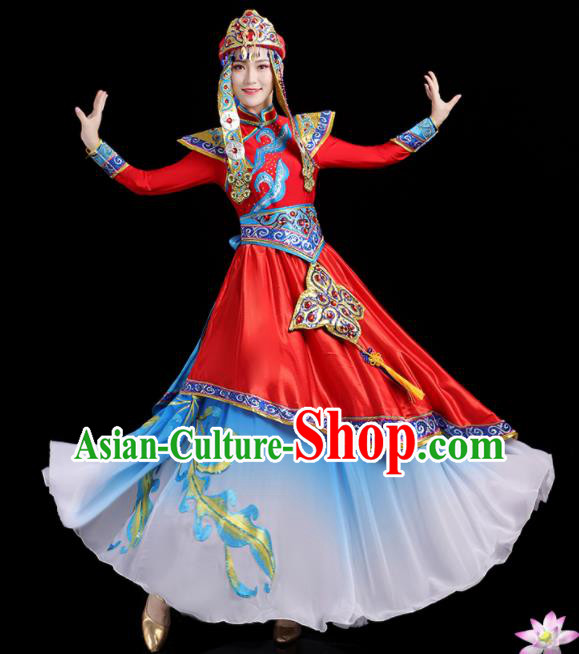 Chinese Mongolian Minority Female Dance Clothing Ethnic Festival Costumes Mongol Nationality Stage Performance Red Dress Outfits