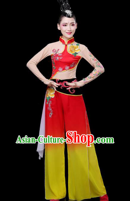 Chinese Traditional Fan Dance Red Outfits Woman Group Folk Dance Costumes Yangko Performance Apparels Square Dance Clothing