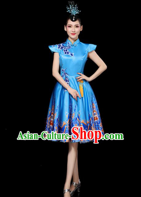Professional China Women Group Dance Costumes Chorus Performance Garments Modern Dance Clothing Opening Dance Blue Dress