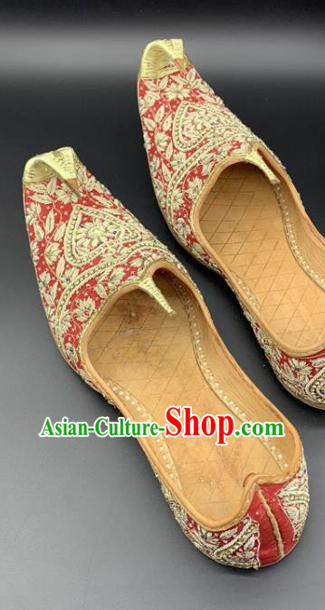 Handmade Indian Dance Red Leather Shoes Wedding Male Shoes India Folk Dance Shoes Asian Bridegroom Shoes