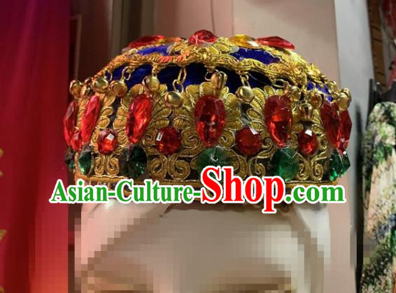 China Uyghur Minority Performance Headdress Xinjiang Ethnic Woman Folk Dance Royalblue Hat Uighur Nationality Dance Headwear