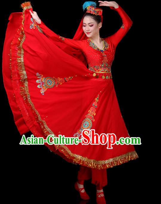 Chinese Uyghur Minority Folk Dance Clothing Xinjiang Ethnic Performance Costumes Uighur Nationality Female Dance Red Dress Outfits