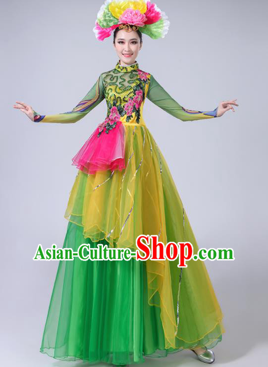 Professional China Flower Dance Costume Women Chorus Performance Garments Modern Dance Clothing Spring Festival Gala Opening Dance Green Dress