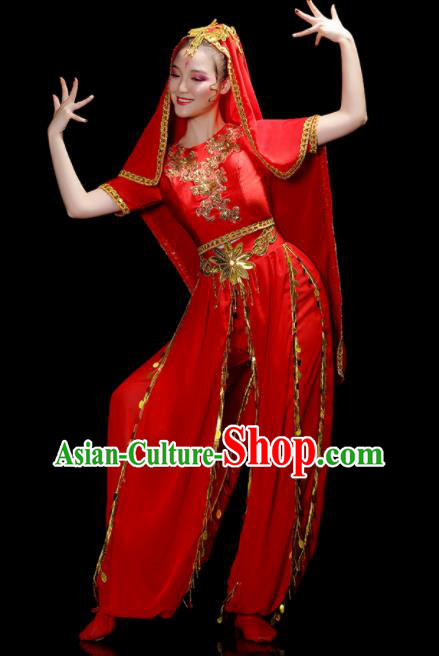 Chinese Xinjiang Minority Folk Dance Clothing Ethnic Festival Performance Costumes Indian Dance Red Dress Outfits