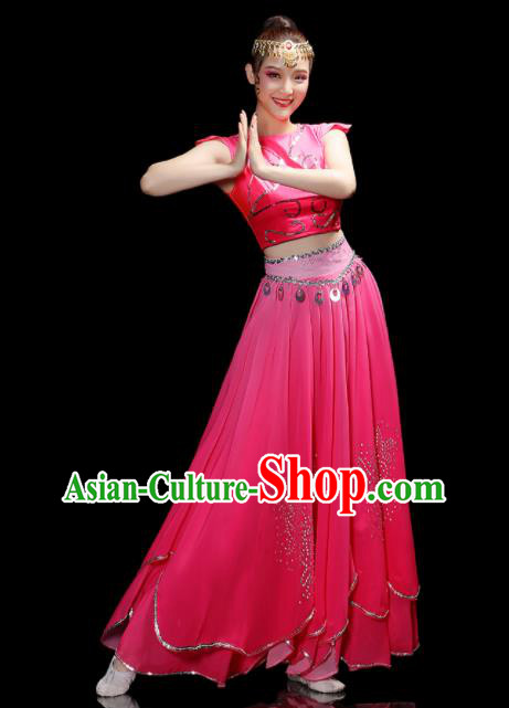 Chinese Uyghur Nationality Dance Rosy Dress Outfits Xinjiang Minority Folk Dance Clothing Uighur Ethnic Festival Performance Costumes