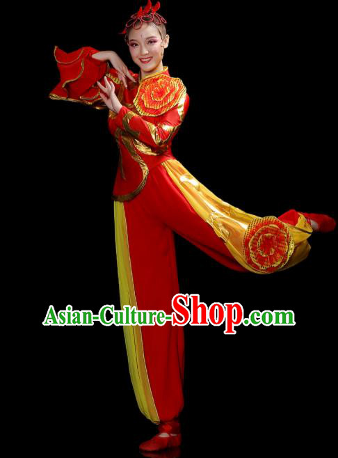 Chinese Yangko Performance Apparels Women Group Drum Dance Clothing Traditional Fan Dance Red Outfits Folk Dance Costumes