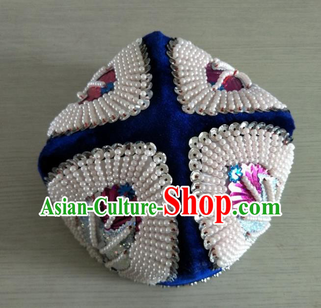 Chinese Ethnic Male Performance Headwear Uyghur Nationality Embroidered White Beads Hat Xinjiang Minority Folk Dance Headdress