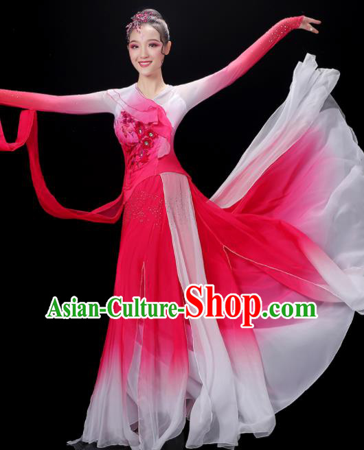 China Palace Fan Dance Rosy Dress Outfits Woman Jasmine Flower Dancewear Classical Dance Clothing Umbrella Dance Garment Costumes