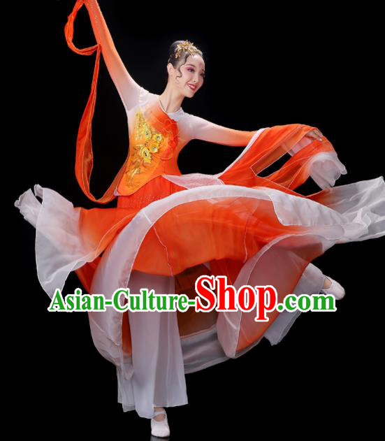 China Umbrella Dance Garment Costumes Palace Fan Dance Orange Dress Outfits Woman Jasmine Flower Dancewear Classical Dance Clothing