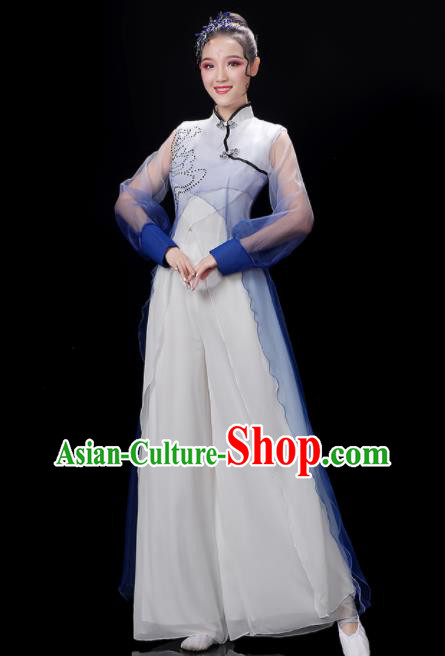 China Group Fan Performance Blue Outfits Woman Dancewear Classical Dance Clothing Umbrella Dance Garment Costumes