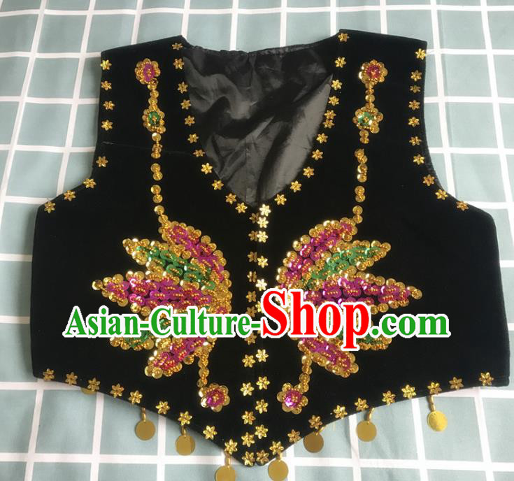 Chinese Uyghur Minority Dance Waistcoat Clothing Ethnic Woman Dancewear Uighur Nationality Woman Black Embroidered Vest