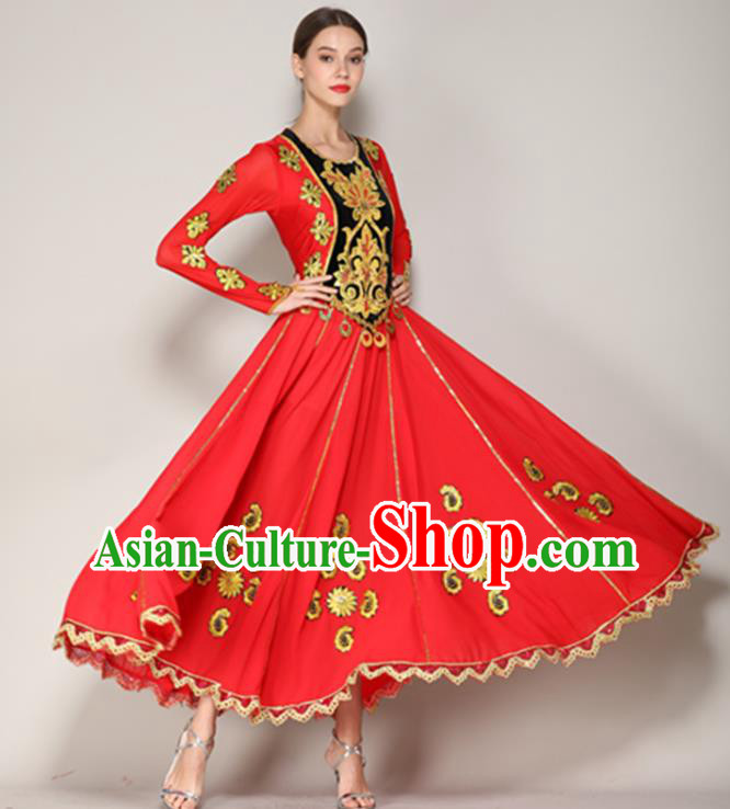Chinese Uighur Nationality Woman Dance Red Dress Uyghur Minority Dancewear Xinjiang Ethnic Performance Clothing