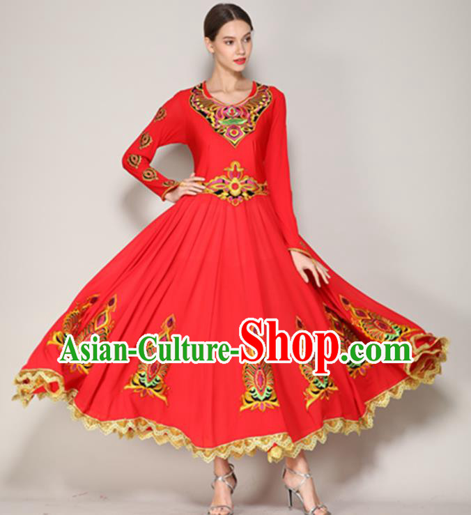 Chinese Xinjiang Minority Woman Dancewear Uyghur Ethnic Performance Clothing Uighur Nationality Folk Dance Red Dress