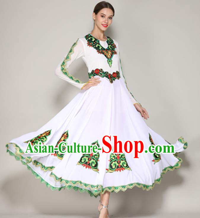 Chinese Uighur Nationality Folk Dance White Dress Xinjiang Minority Woman Dancewear Uyghur Ethnic Performance Clothing