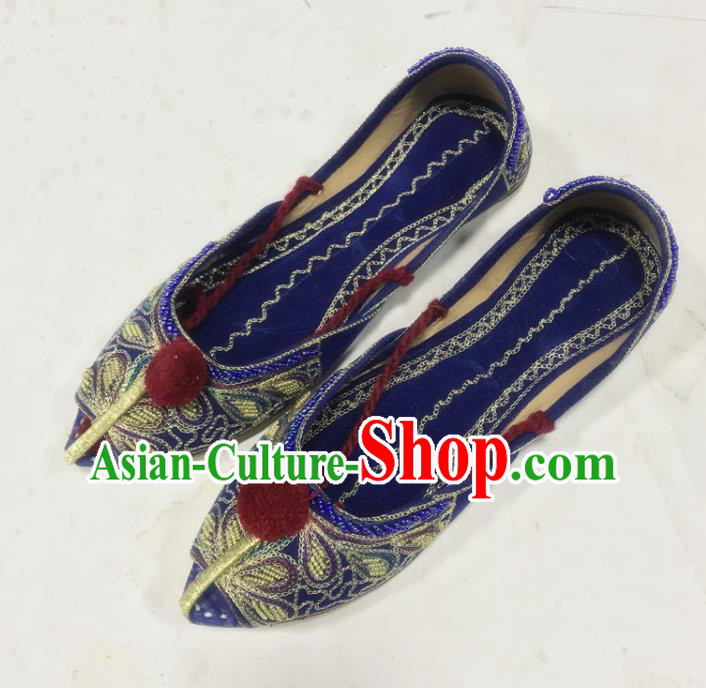 Handmade Indian Embroidery Deep Blue Leather Shoes Asian Female Shoes India Wedding Bride Shoes Folk Dance Shoes