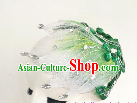 China Women Opening Dance Hair Crown Folk Dance Green Hat Yangko Dance Hair Accessories Jasmine Flower Dance Headpiece