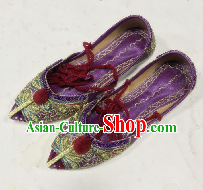 Handmade Asian Nepal Shoes India Female Purple Leather Shoes Indian Folk Dance Shoes Embroidery Shoes
