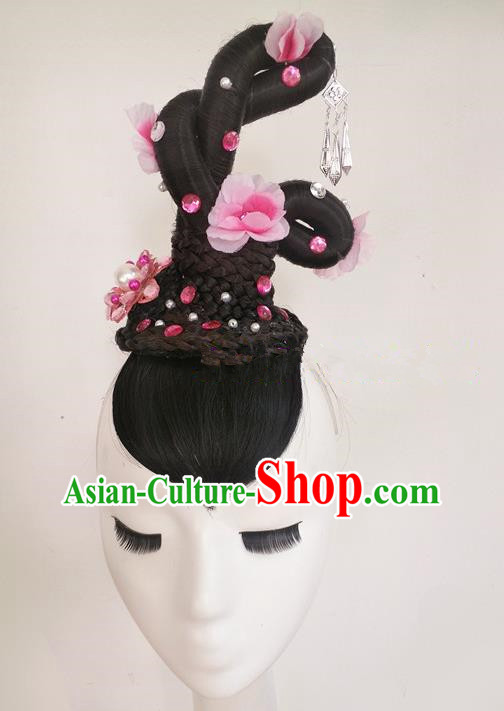 Chinese Traditional Water Sleeve Dance Wigs Chignon Classical Dance Hair Accessories Woman Solo Dance Headdress Beauty Dance Hairpieces