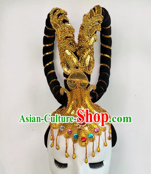 Chinese Woman Group Dance Headdress Fairy Dance Hairpieces Traditional Flying Apsaras Dance Wigs Chignon Classical Dance Hair Accessories