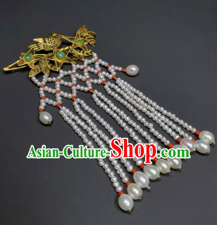 Chinese Ancient Empress Pearls Tassel Hairpin Traditional Qipao Dress Hair Accessories Handmade Qing Dynasty Queen Golden Bird Hair Stick