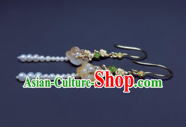Handmade Chinese Cheongsam Jade Plum Ear Jewelry Song Dynasty Princess Eardrop Traditional Ear Accessories National Pearls Earrings