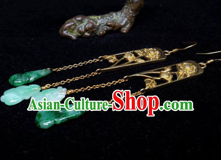 Handmade Chinese National Jadeite Tassel Earrings Cheongsam Ear Jewelry Qing Dynasty Golden Peony Eardrop Traditional Ear Accessories