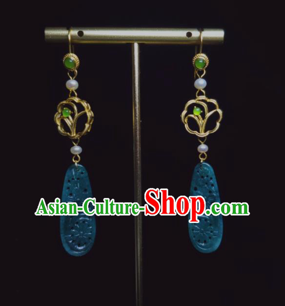 Handmade Chinese Traditional Ear Accessories National Jadeite Earrings Cheongsam Ear Jewelry Qing Dynasty Golden Orchid Eardrop