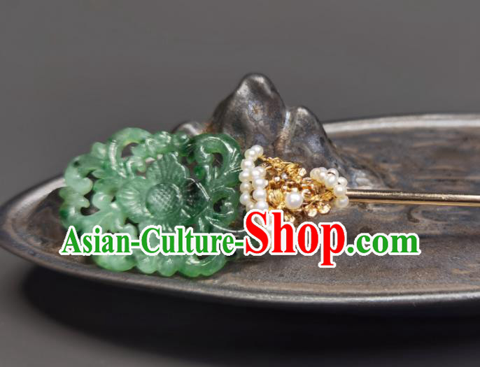 Chinese Traditional Jadeite Hair Accessories Handmade Qing Dynasty Queen Hair Stick Ancient Empress Pearls Hairpin