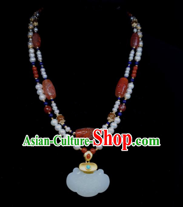 China Handmade Jade Longevity Lock Jewelry Ancient Imperial Consort Necklace Accessories Qing Dynasty Agate Necklet