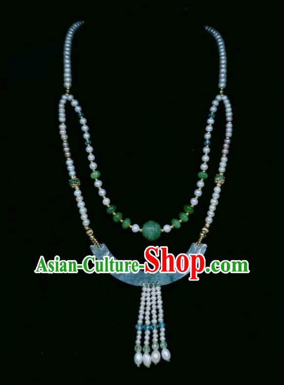 China Ancient Imperial Consort Necklace Accessories Qing Dynasty Pearls Tassel Necklet Handmade Jade Jewelry