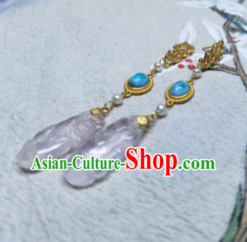 Handmade Chinese Traditional Ear Jewelry Qing Dynasty Palace Eardrop Cheongsam Ear Accessories National Rose Quartz Earrings